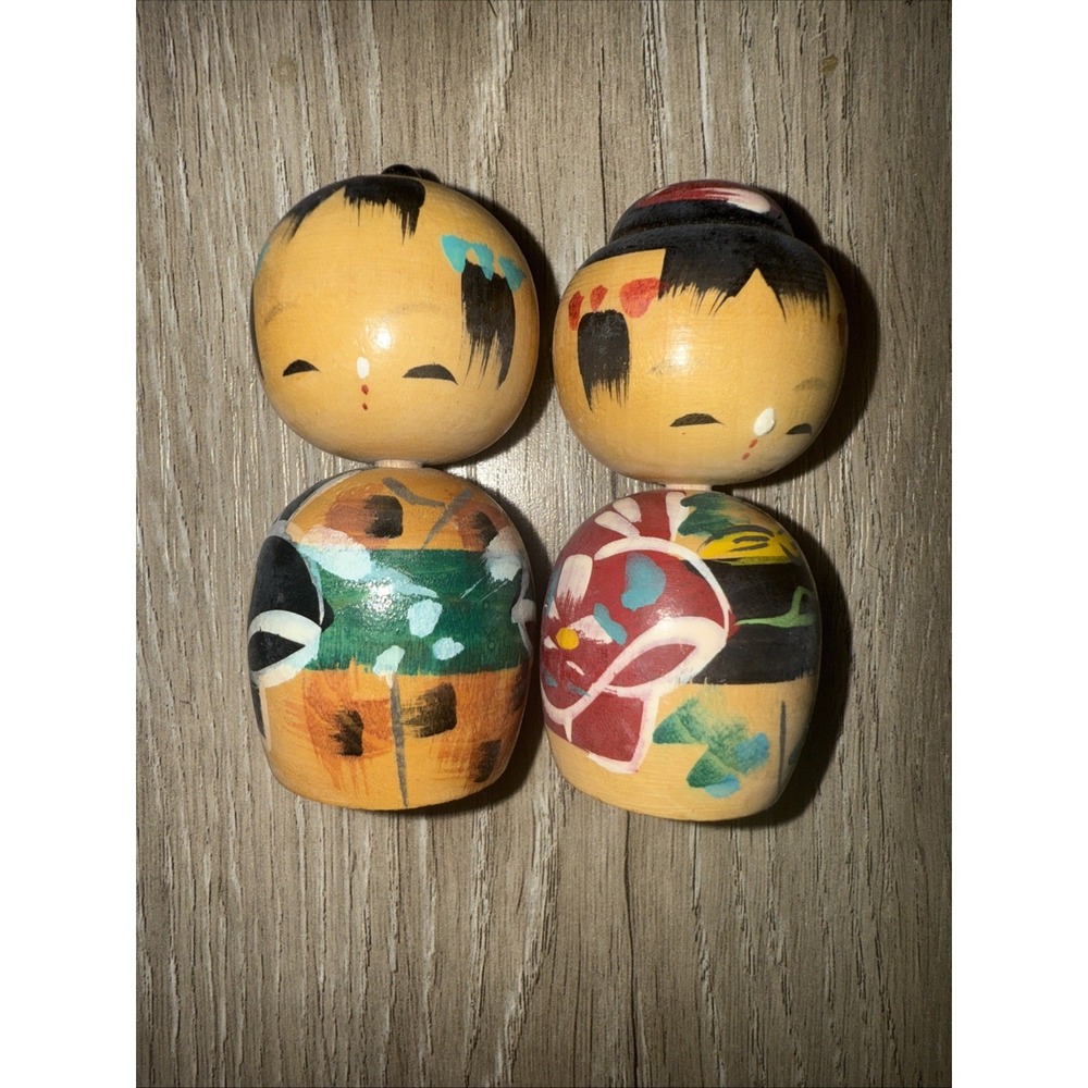 Vintage Wooden Kokeshi Japanese Bobble Head Doll Miniature Set Of 2‎ Couple